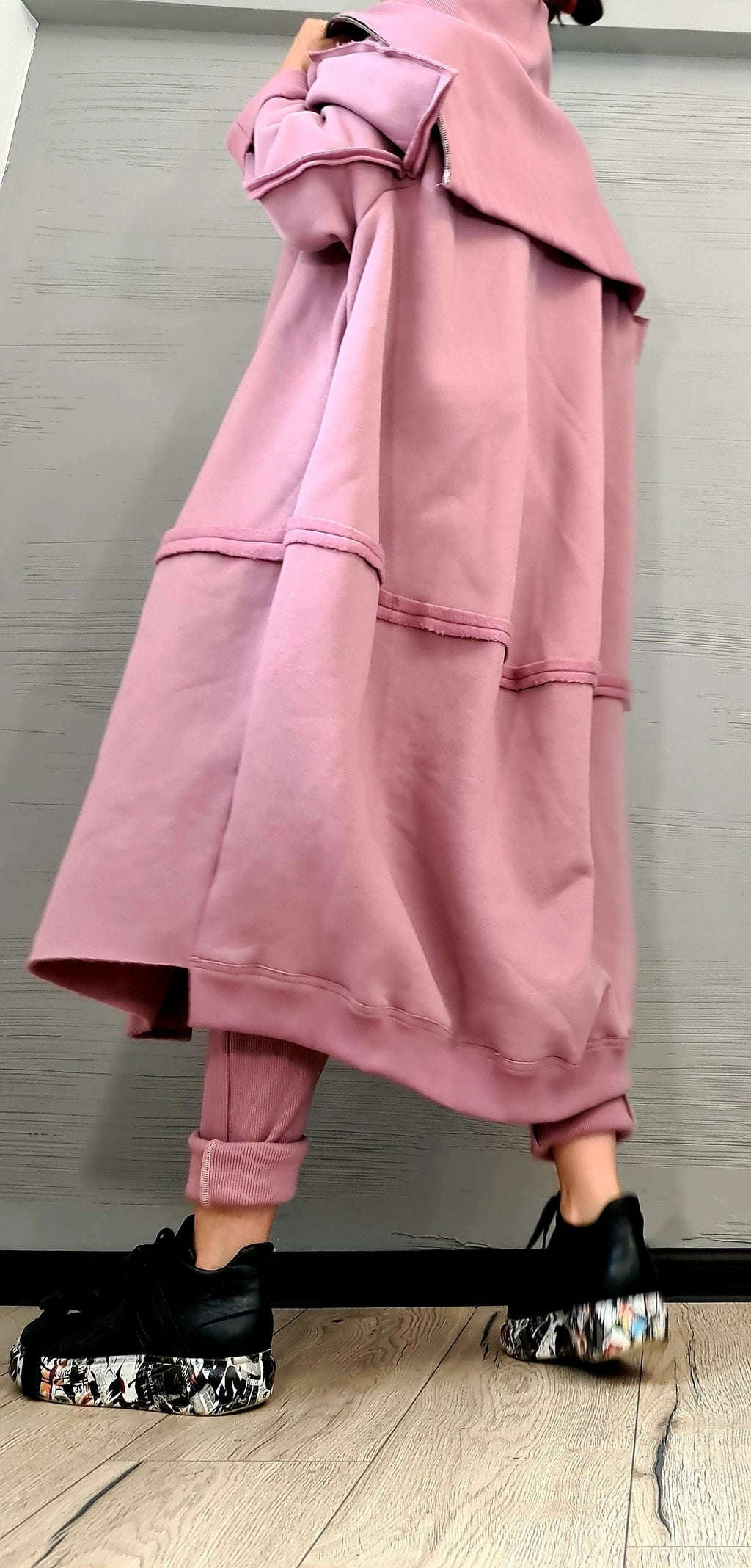 Pink Oversized Zip Up Hoodie, Long Sweatshirt with Extra Large High Collar, Plus Size