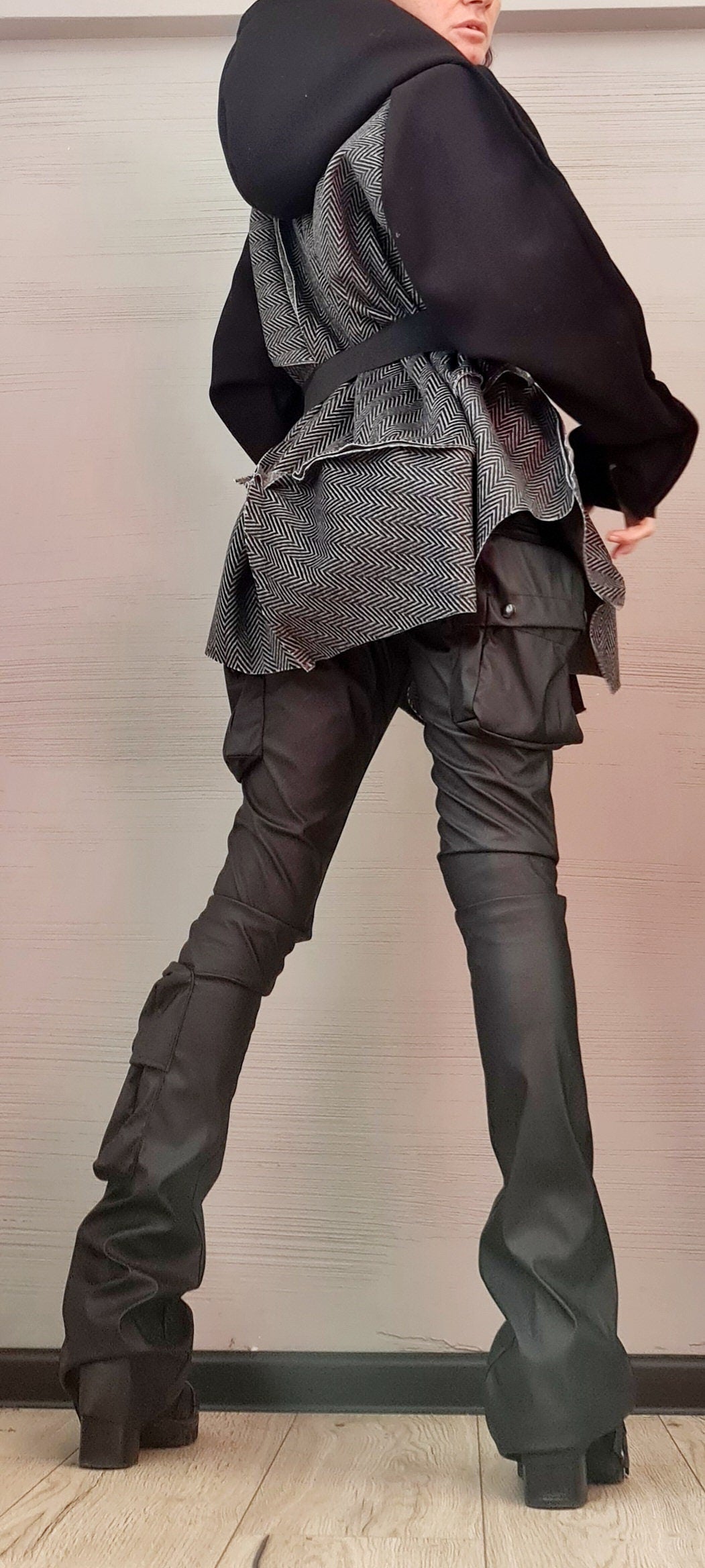 Grey and Black Asymmetrical Hooded Poncho, Herringbone Wool Cape, Long Sleeves, Plus Size