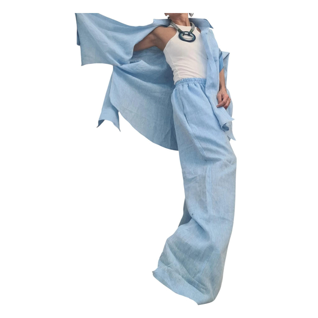 Linen Set Women, Baby Blue Wide Leg Pants, Asymmetric Shirt, Loose Summer Outfit