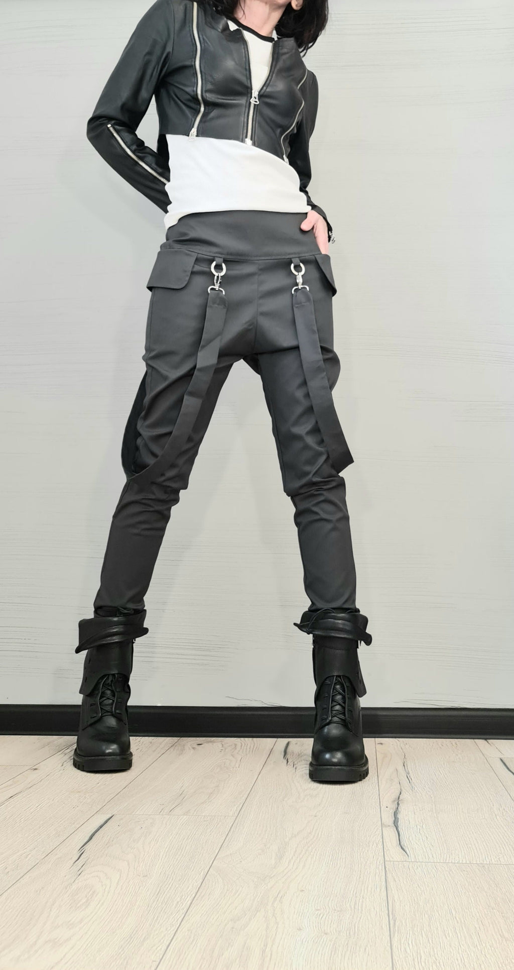 Gray Drop Crotch Pants, Side Leg Pockets, Hanging Straps