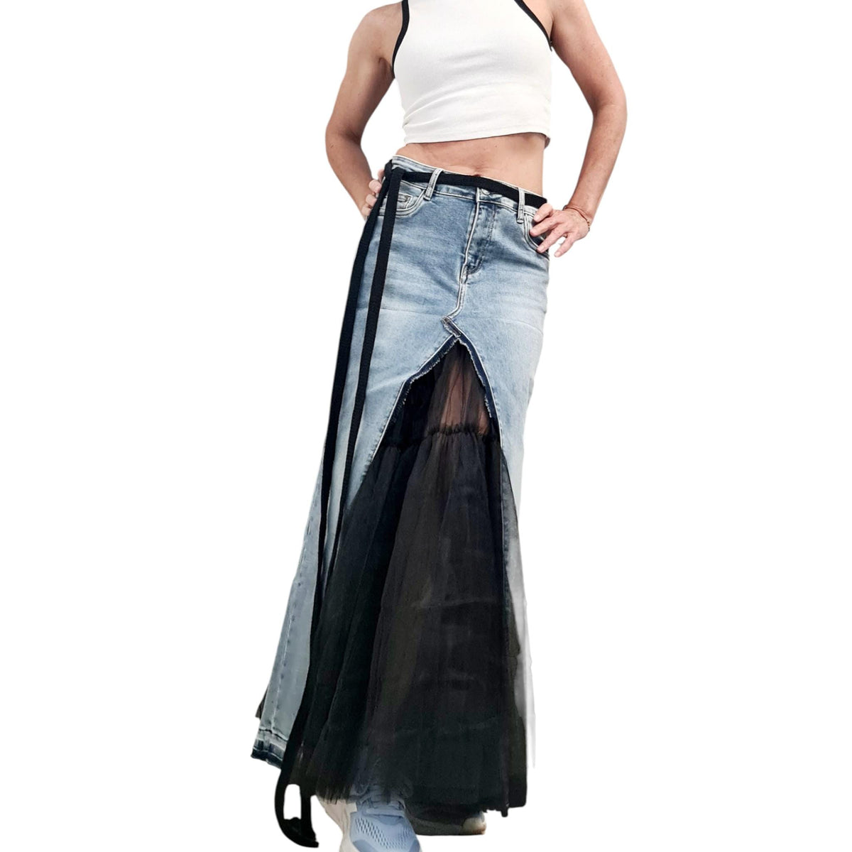 Extravagant Asymmetric Denim Tulle Skirt, Deconstructed Avant Garde Maxi Skirt