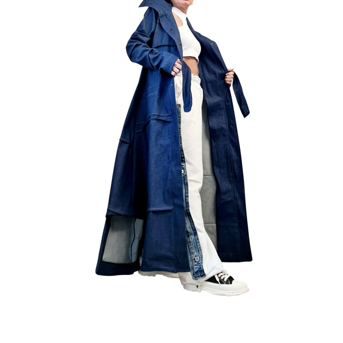 Black Denim Asymmetric Long Trench Coat Oversized Avant Garde Statement Jacket Outfit for Women