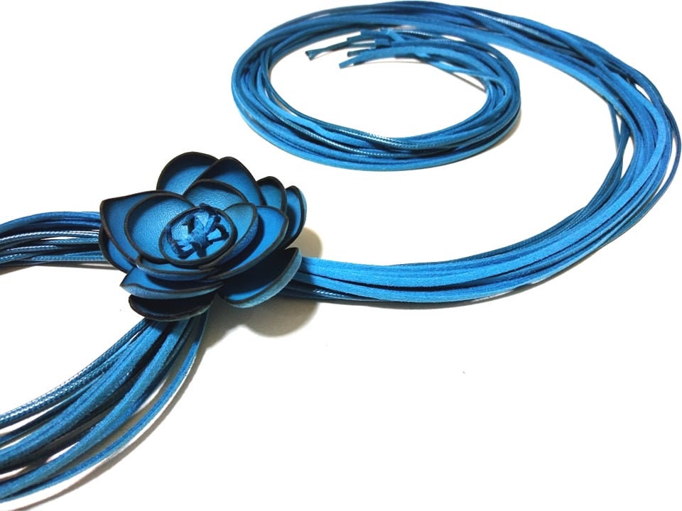 Blue Leather Flower Necklace, Handmade Avant Garde Long Necklace