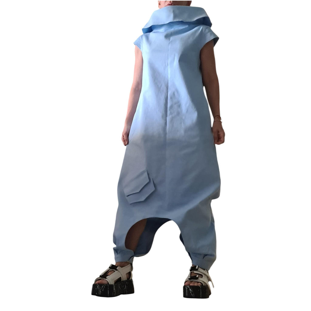 Light Blue Denim Jumpsuit Dress for Women, Asymmetric Harem Overall, Wide Leg Outfit