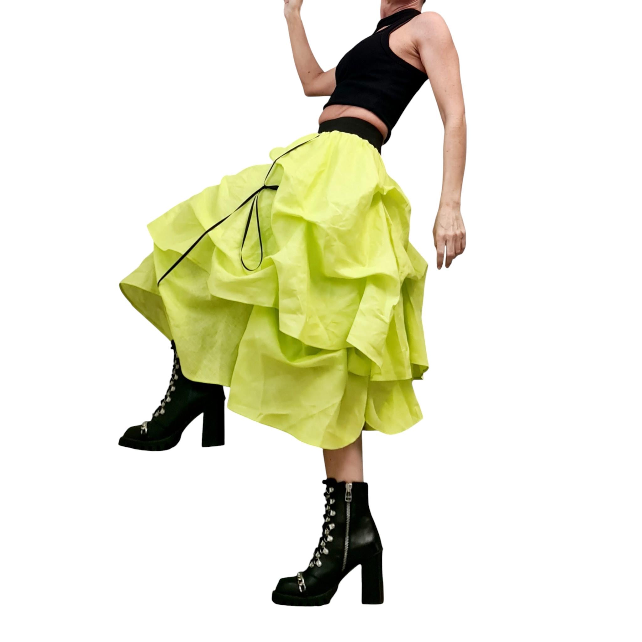 Lime Linen Layered Circle Skirt – Voluminous Avant Garde Design Womens Statement Clothing