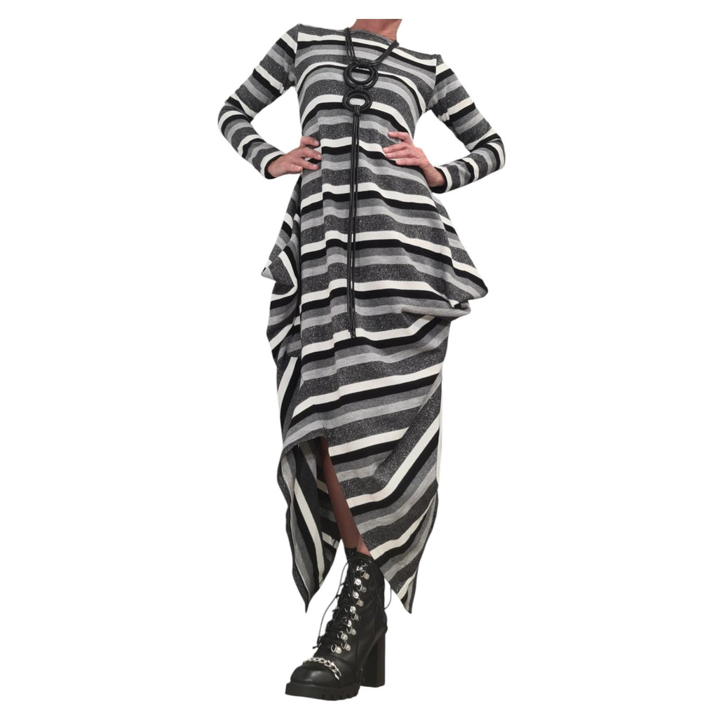 Light Black Silver Asymmetric Long Dress | Fluid Draped Silhouette | women’s clothing | conceptual