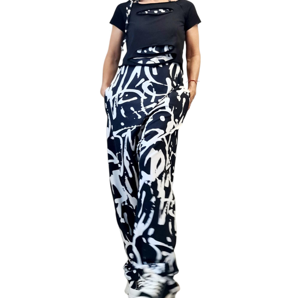 Black White Graffiti Harem Jumpsuit, Loose Drop Crotch Cotton Comfort