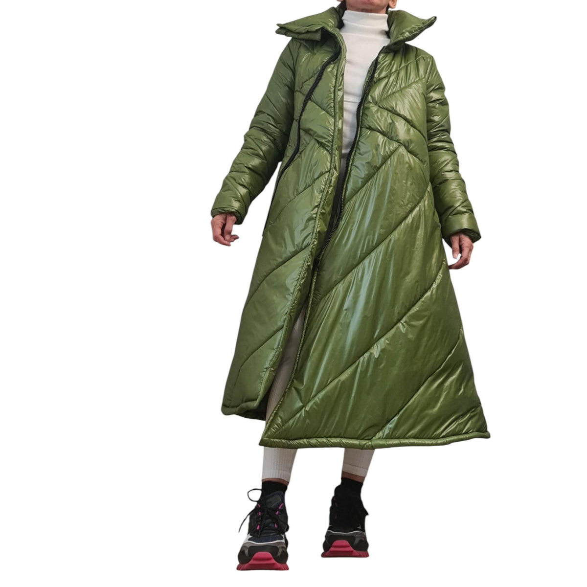 Green Maxi Puffer Coat, A-Line Quilted Jacket, Oversized High Collar Winter Outerwear