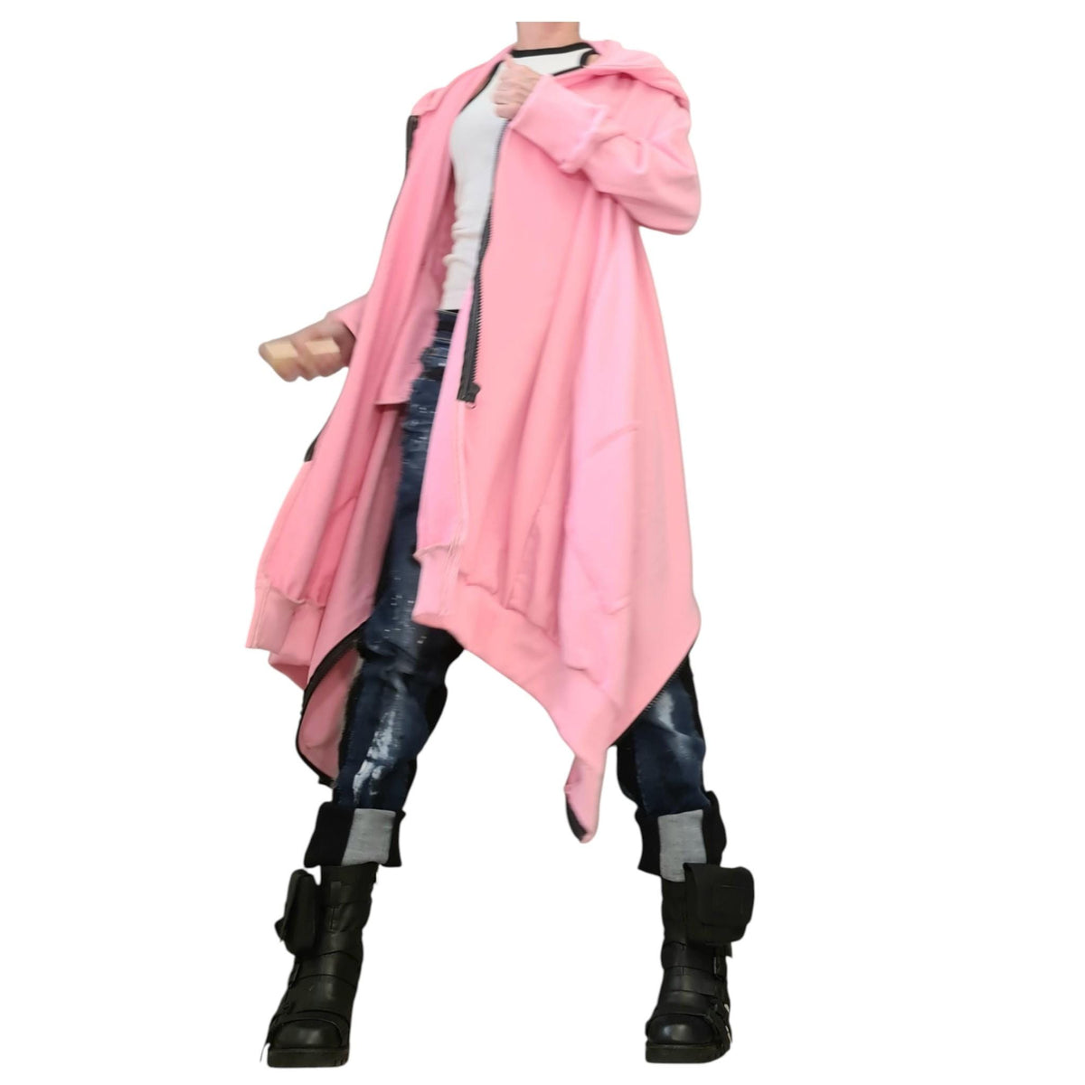 Pink Asymmetrical Hooded Sweatshirt, Cropped Back Cotton Jacket, Long Side Panels