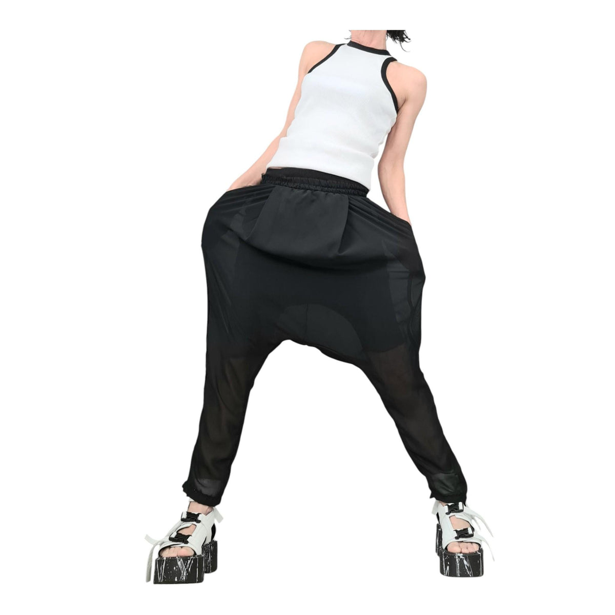 Black Chiffon Harem Pants, Sheer Overlay, French Terry Inner Shorts, Tapered Leg