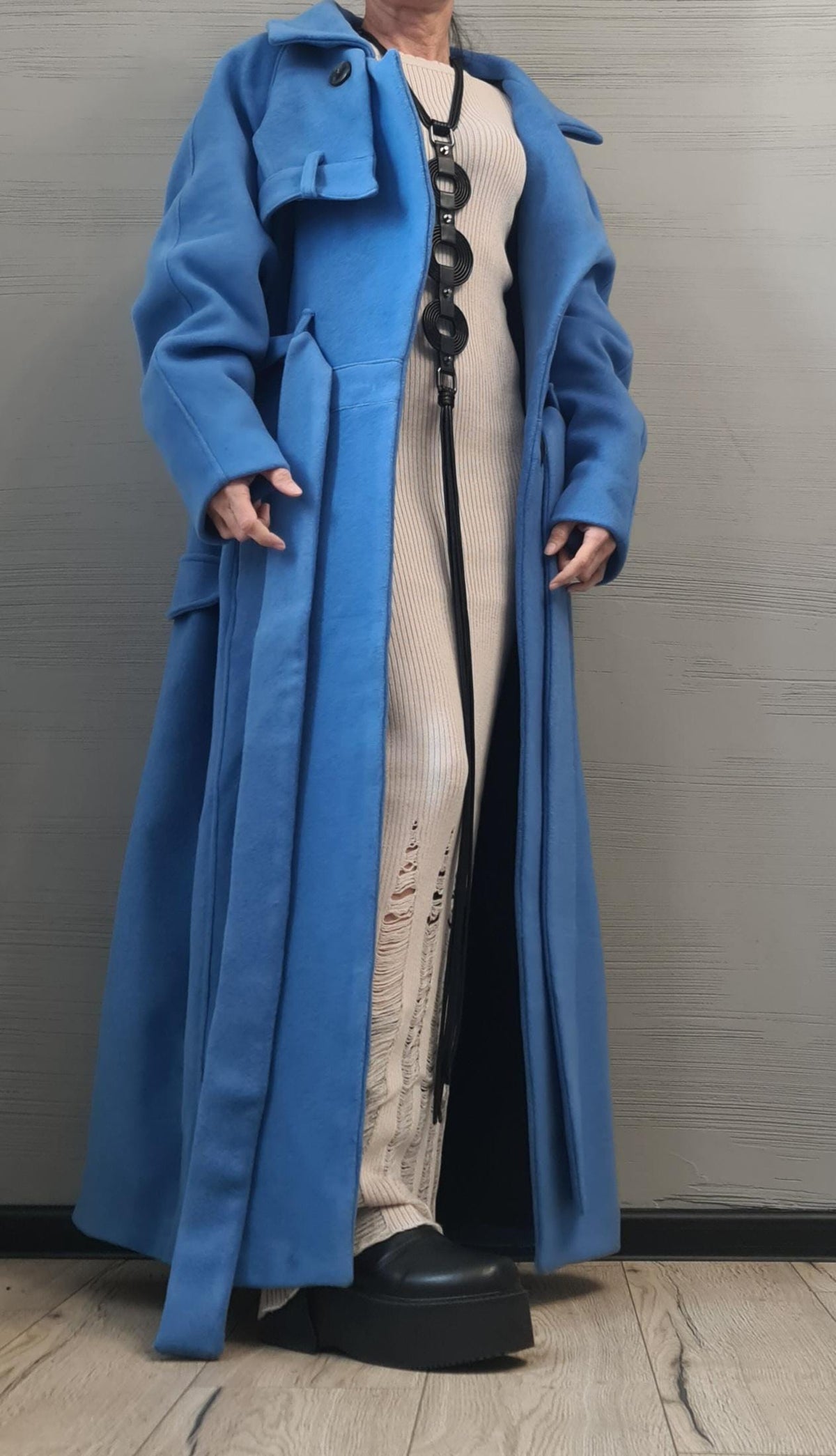 Blue Oversized Maxi Coat, Structured Shoulder Long Jacket, Belted Winter Trench
