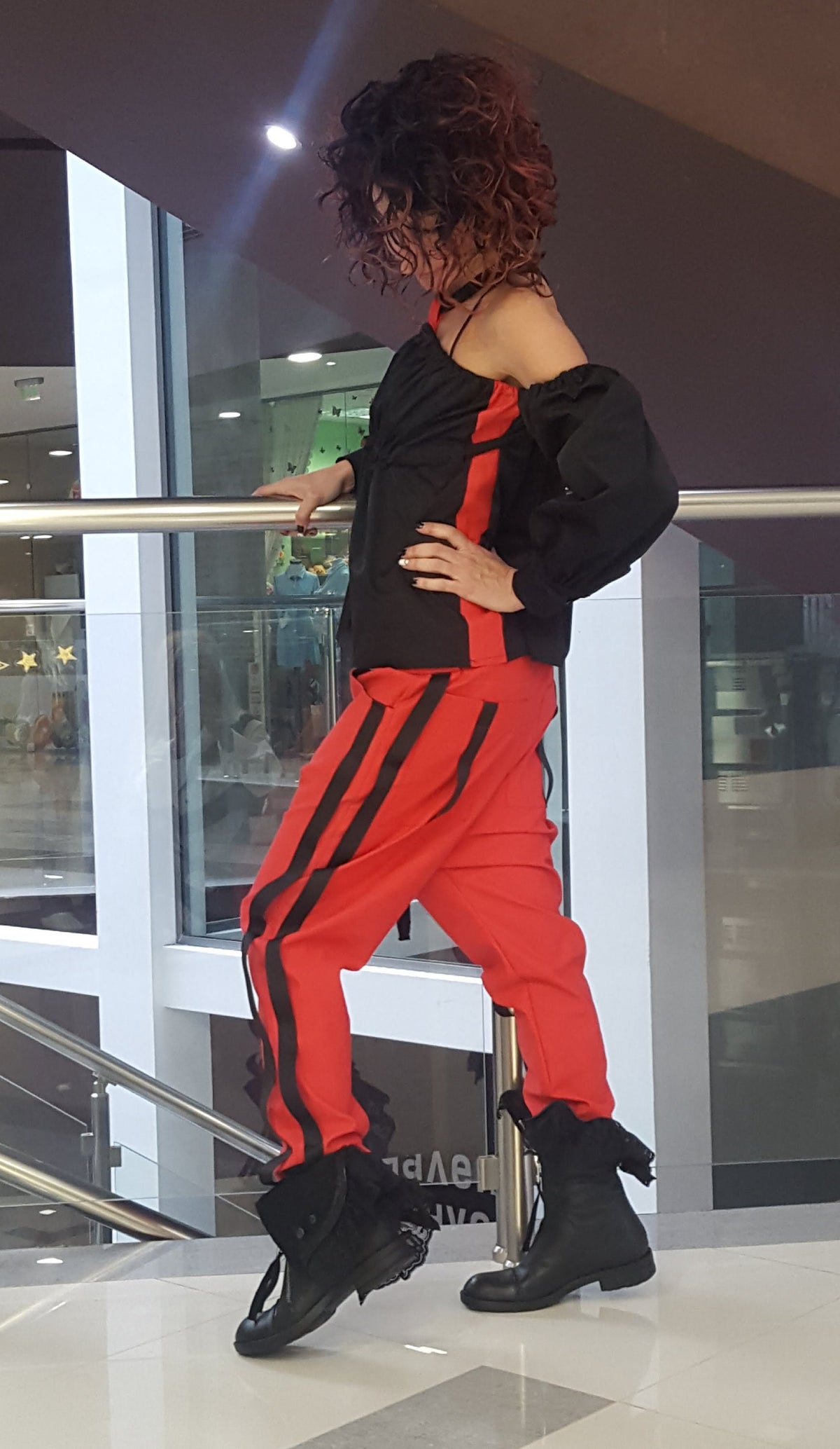 Red Cotton Co-Ord Set, Drop Crotch Pants, Black Cold Shoulder Batwing Blouse