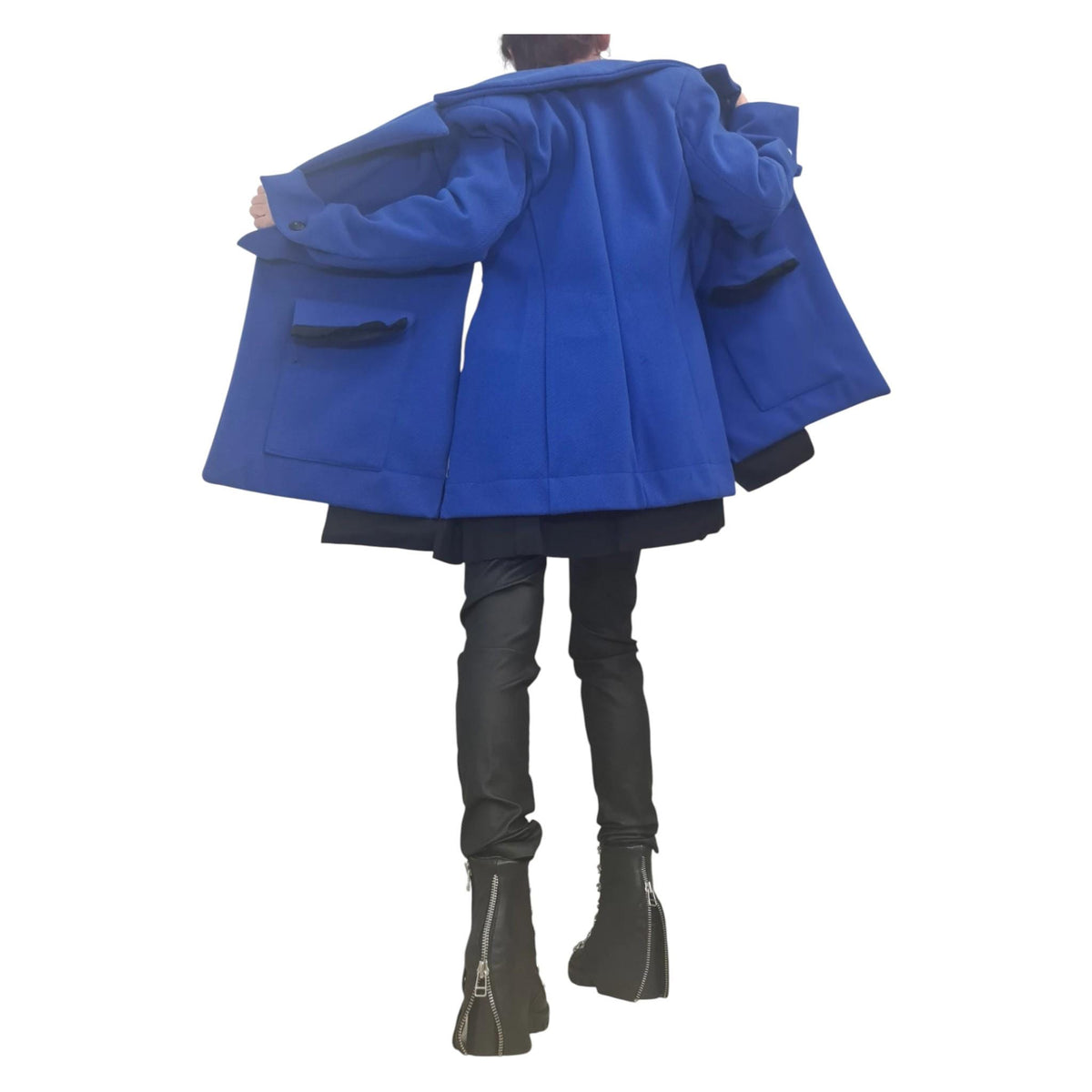 Royal Blue Asymmetrical Winter Coat, Oversized Lapels and Patch Pockets, Plus Size Flared Jacket