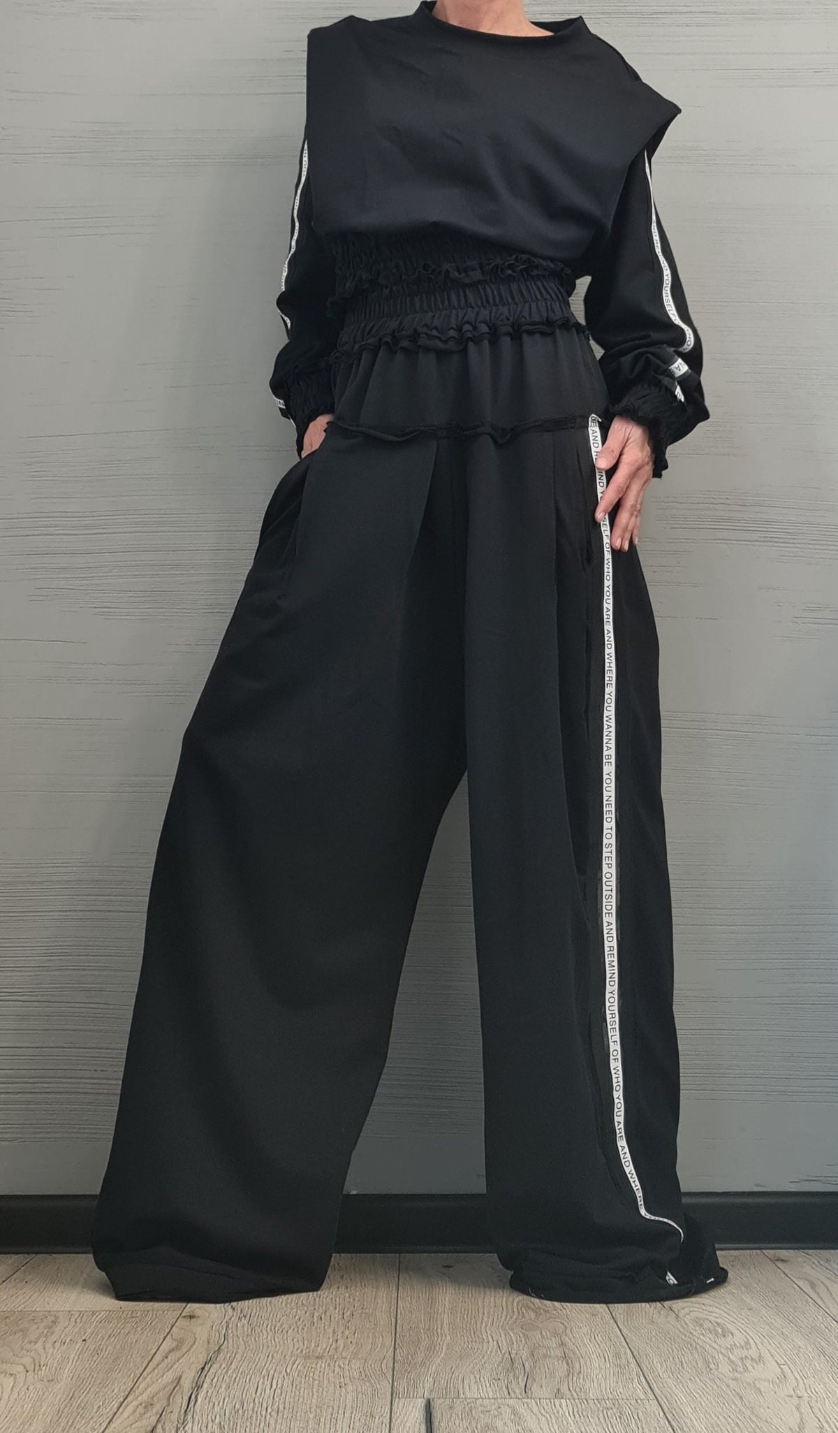 Black Cotton Wide Leg Trousers, French Terry Blouse, Two Piece Set