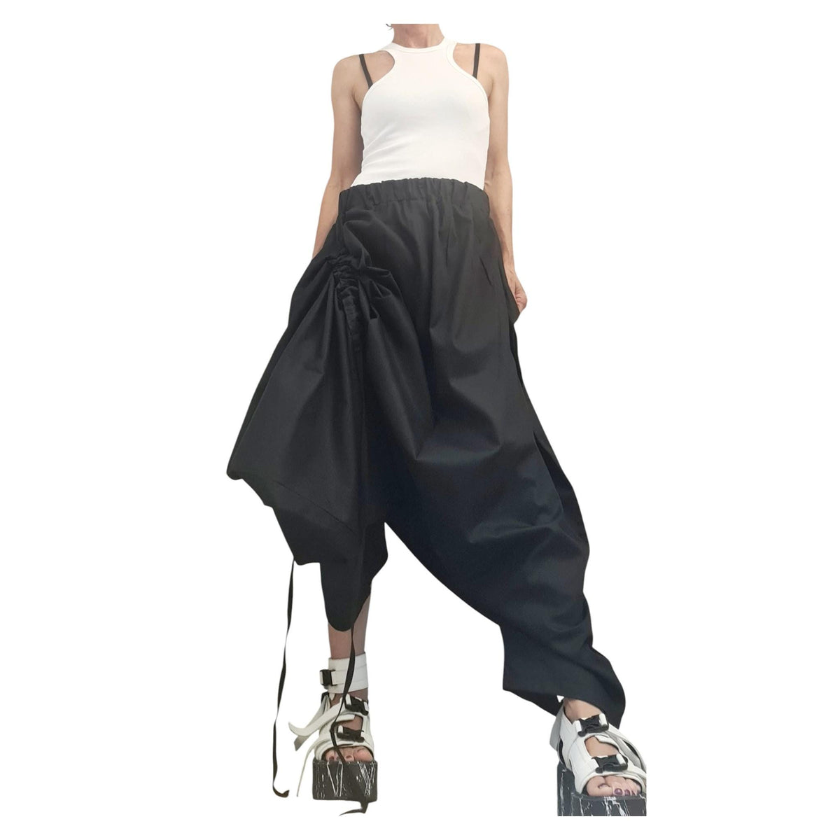 White Asymmetric Harem Pants Skirt, Adjustable Wrap, Drop Crotch Trousers