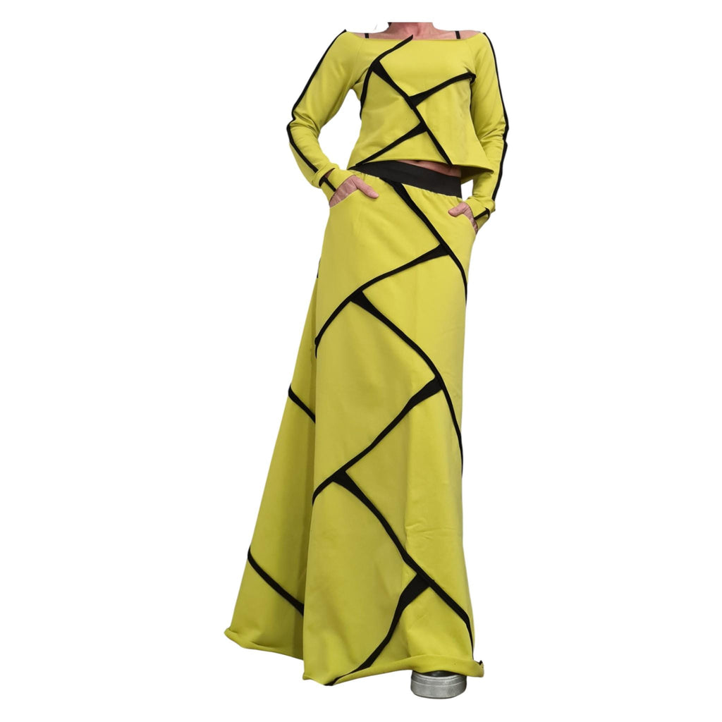 Pistachio Cotton High Waist Maxi Skirt, Asymmetrical Cropped Long-Sleeve Blouse, Contrast Trim, Co-Ord Set