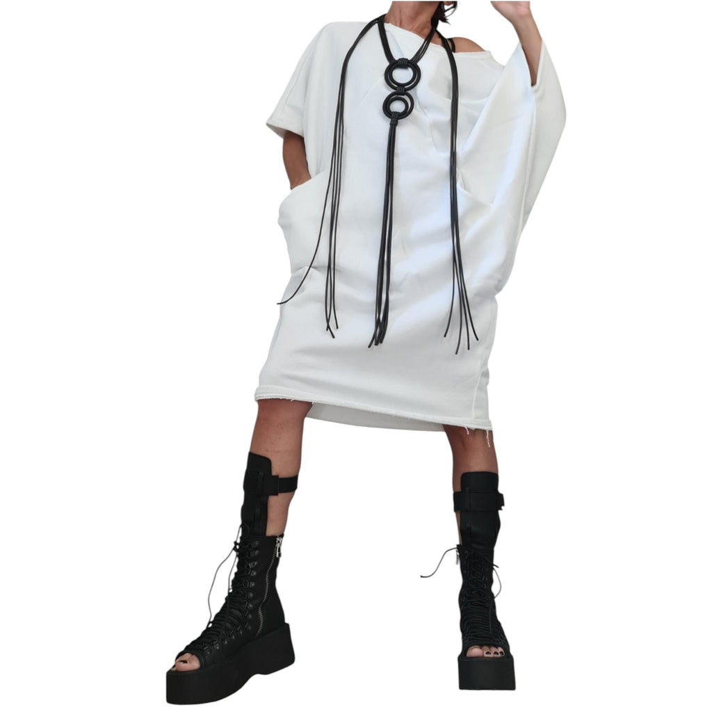 White Cotton Tunic Dress Knee Length | Asymmetric Blouson Cut | fashion for women | architectural