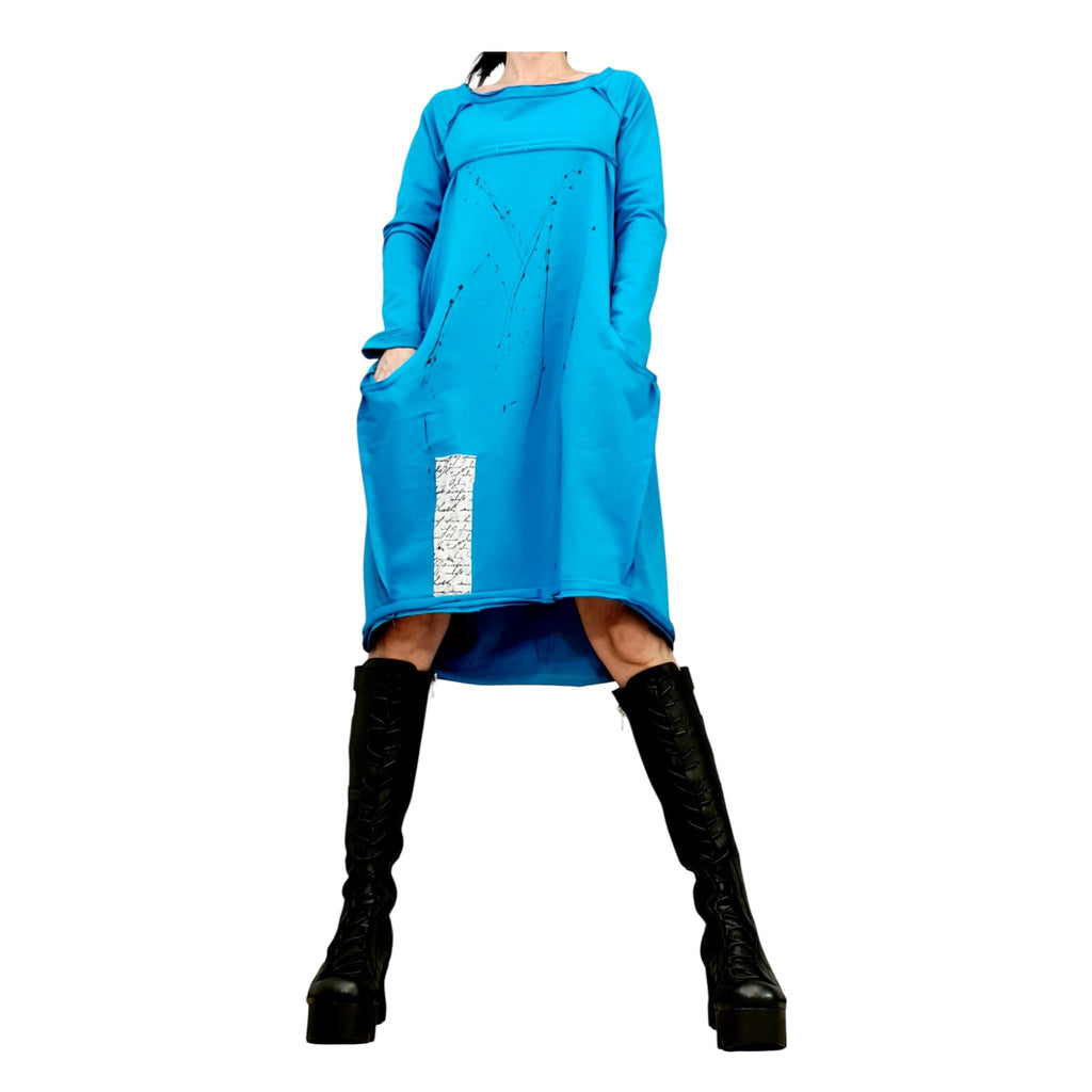 Turquoise Blue French Terry Dress, One Shoulder Oversized Tunic, Asymmetric Shape
