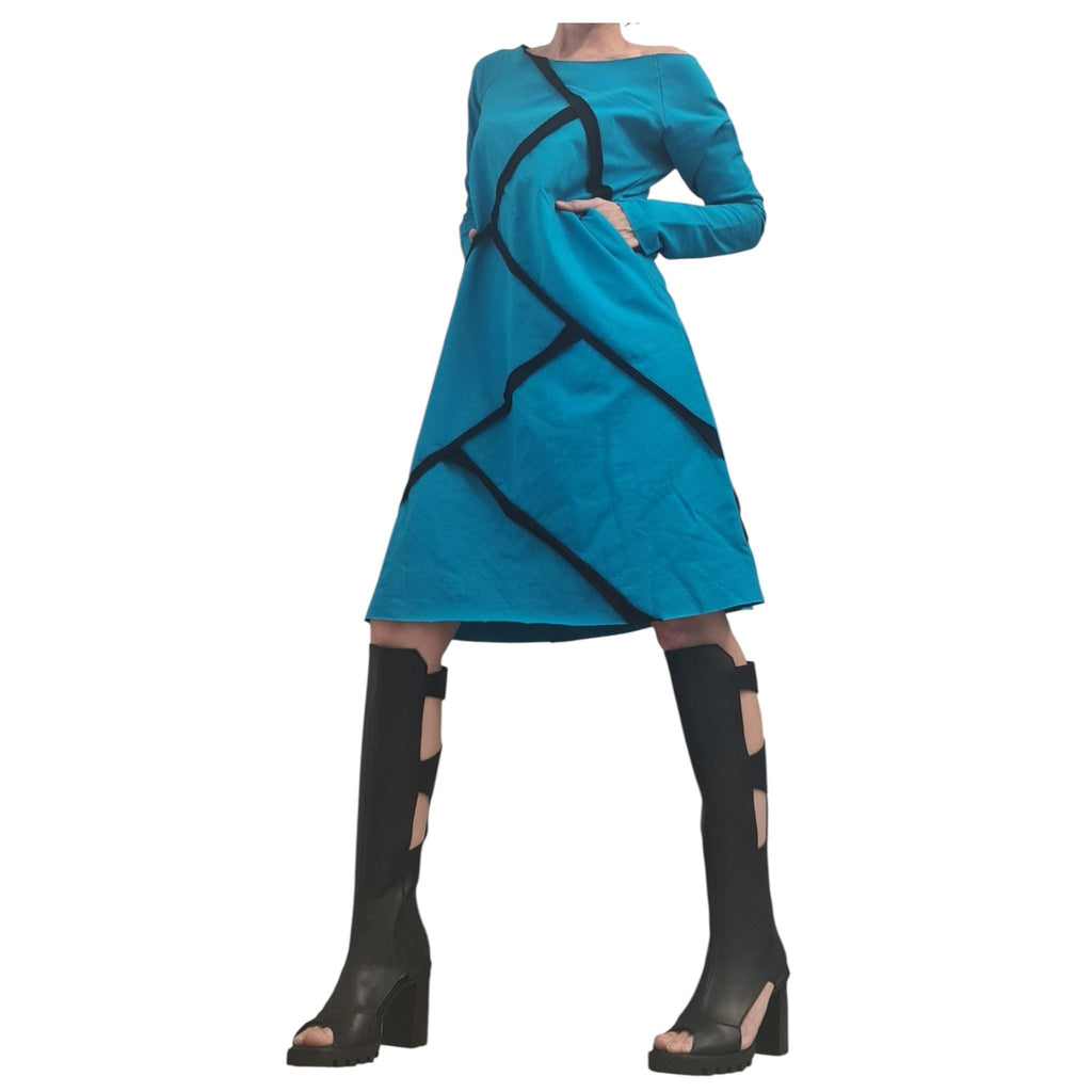 Turquoise Blue Asymmetric One Shoulder Dress, Plus Size Tunic, Long Sleeve Blouson