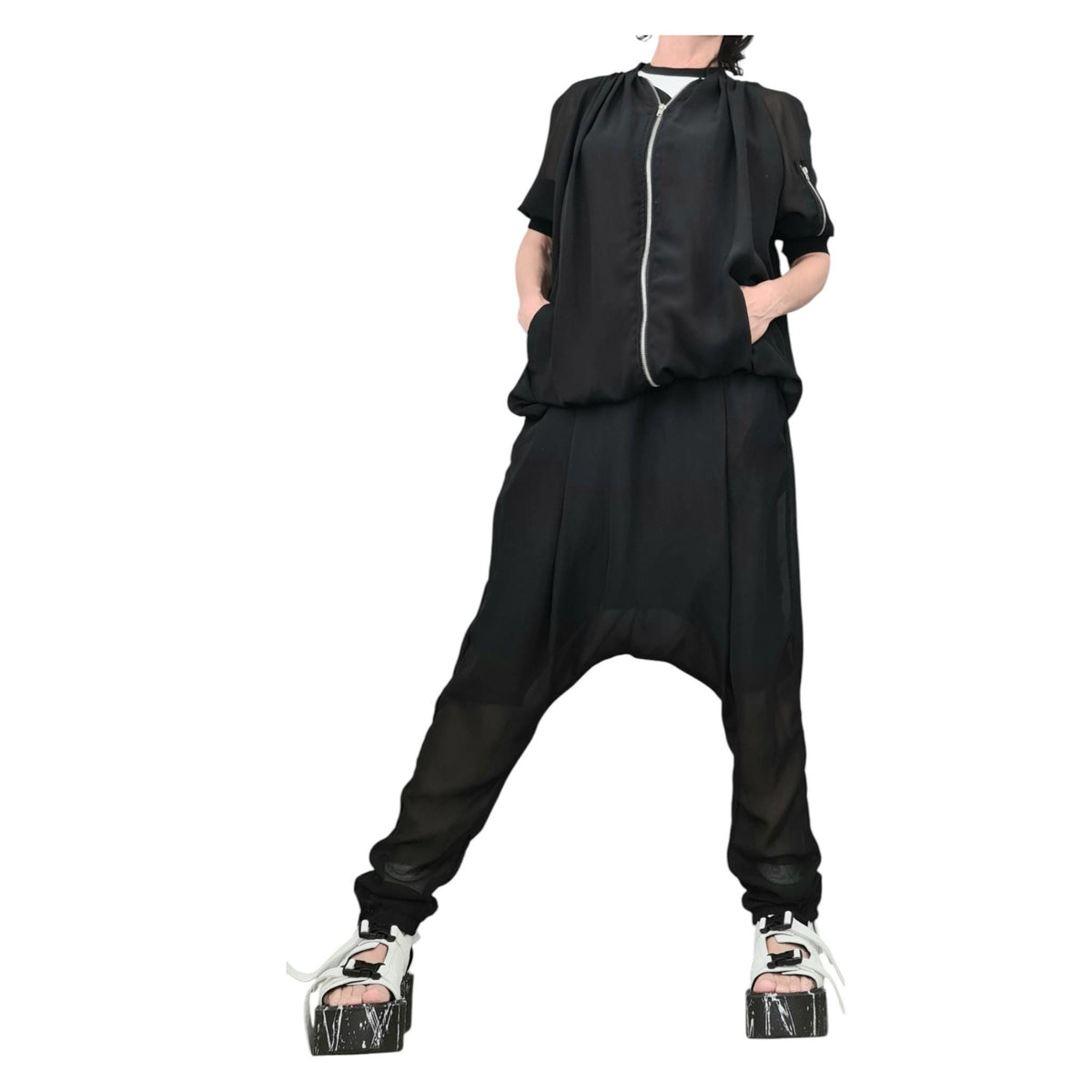 Black Chiffon Harem Pants with Cotton Shorts, Loose Asymmetrical Sweatshirt, Two Piece Co-Ord Set