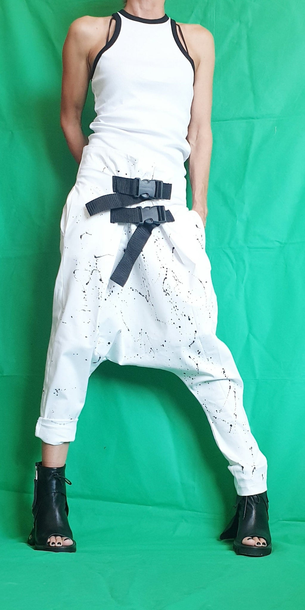 White Cotton Harem Pants, Drop Crotch Trousers, Decorative Buckles, Tapered Leg