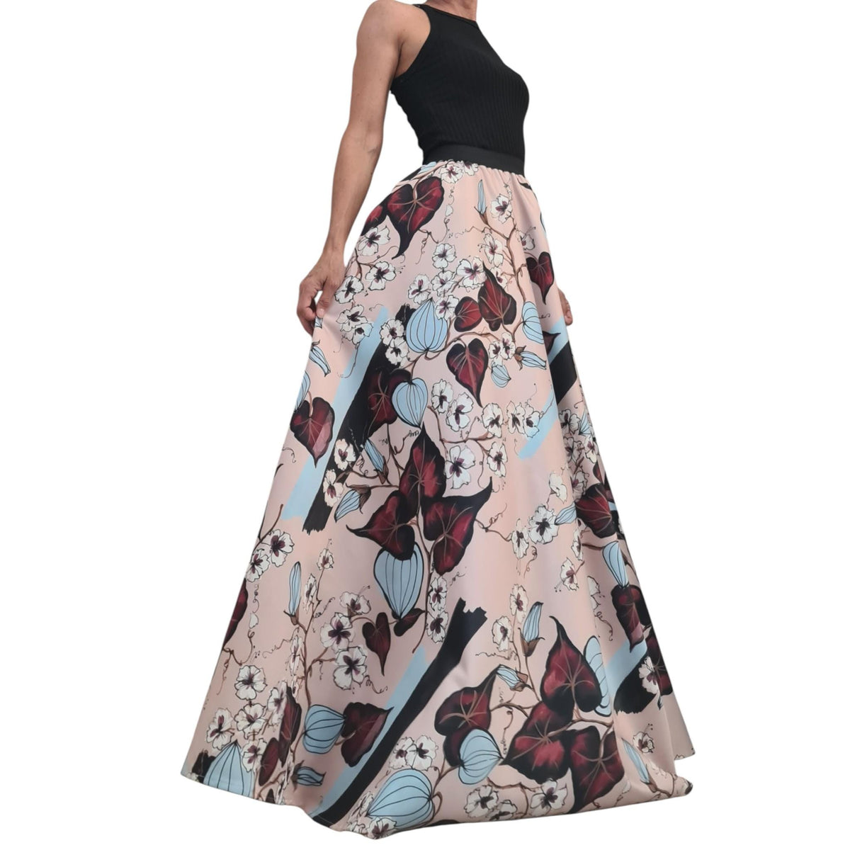 Satin Ball Maxi Skirt, Long Circle Skirt, Floral Print Wedding Guest Dress