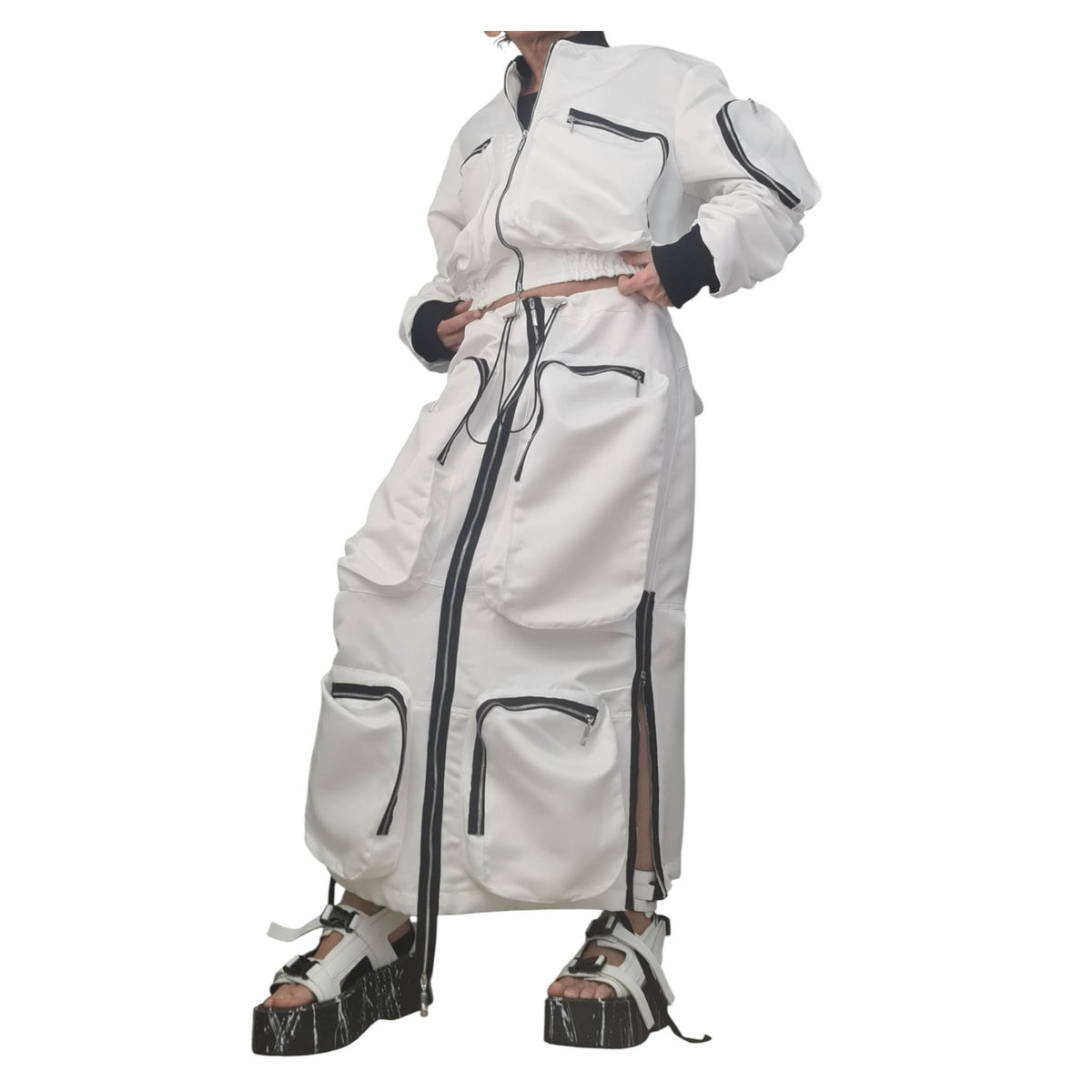 White Cotton Sateen Maxi Skirt, Cropped Jacket, Cargo Zip Pockets, Two-Piece Co-Ord Set