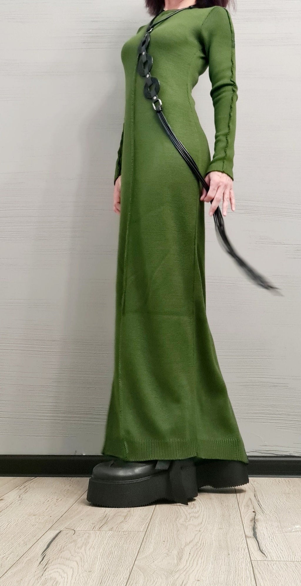 Military Green Asymmetric Maxi Knit Dress, Long Sleeves, Plus Size Sweater