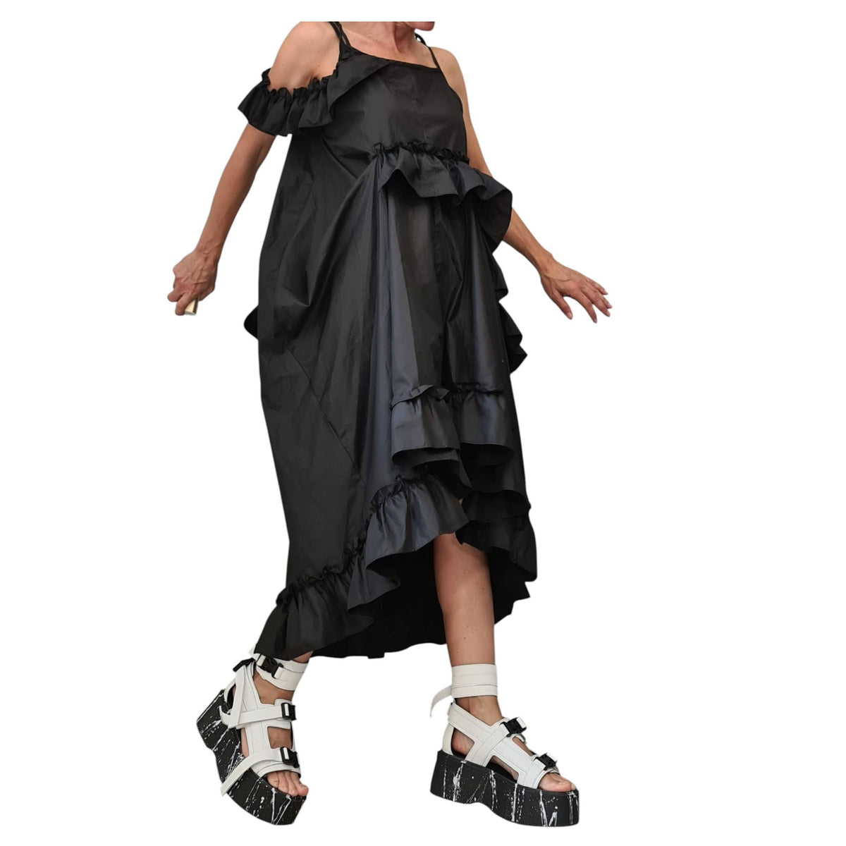 Asymmetric Loose Gothic Black Dress, Plus Size Clothing, Spaghetti Strap Dress