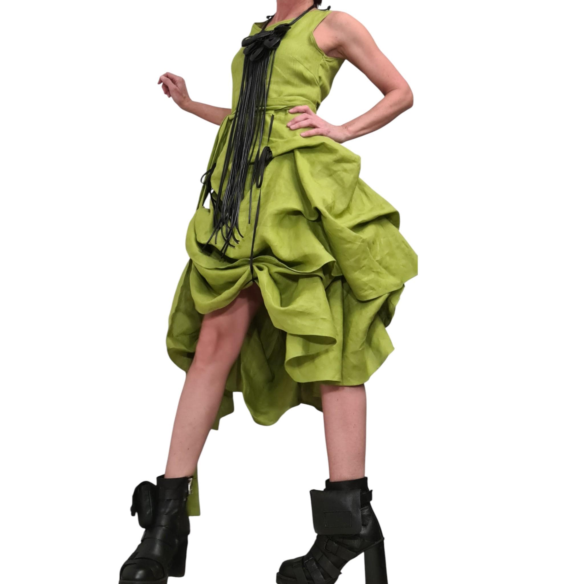 Lime Linen Asymmetric Dress for Women, Sleeveless Layered Midi Dress, Adjustable Avant garde Skirt