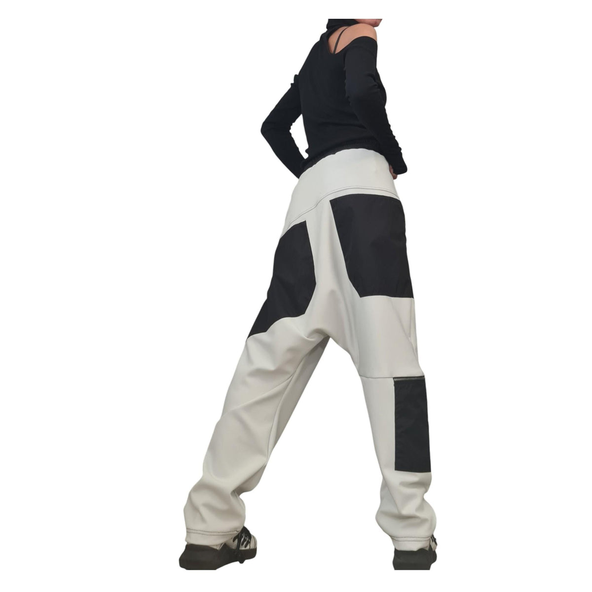 Military Green French Terry Pants, Drop Crotch Trousers, Black Contrast Panels