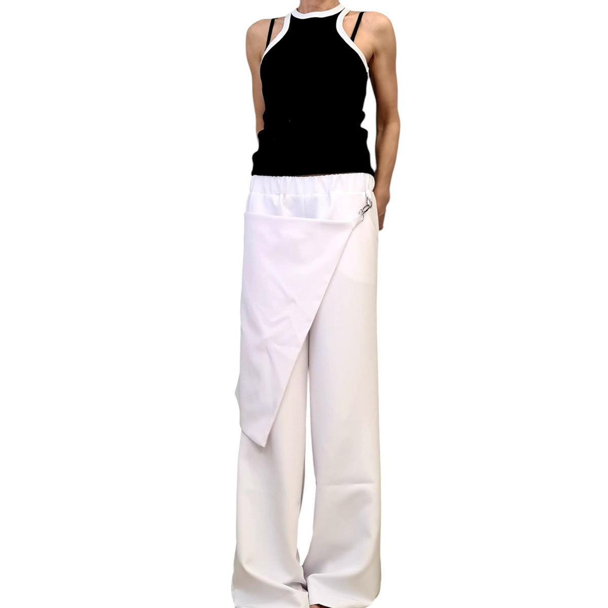 White Wrap Skirt Pants, Wide Leg Palazzo, Elastic Waist, Plus Size