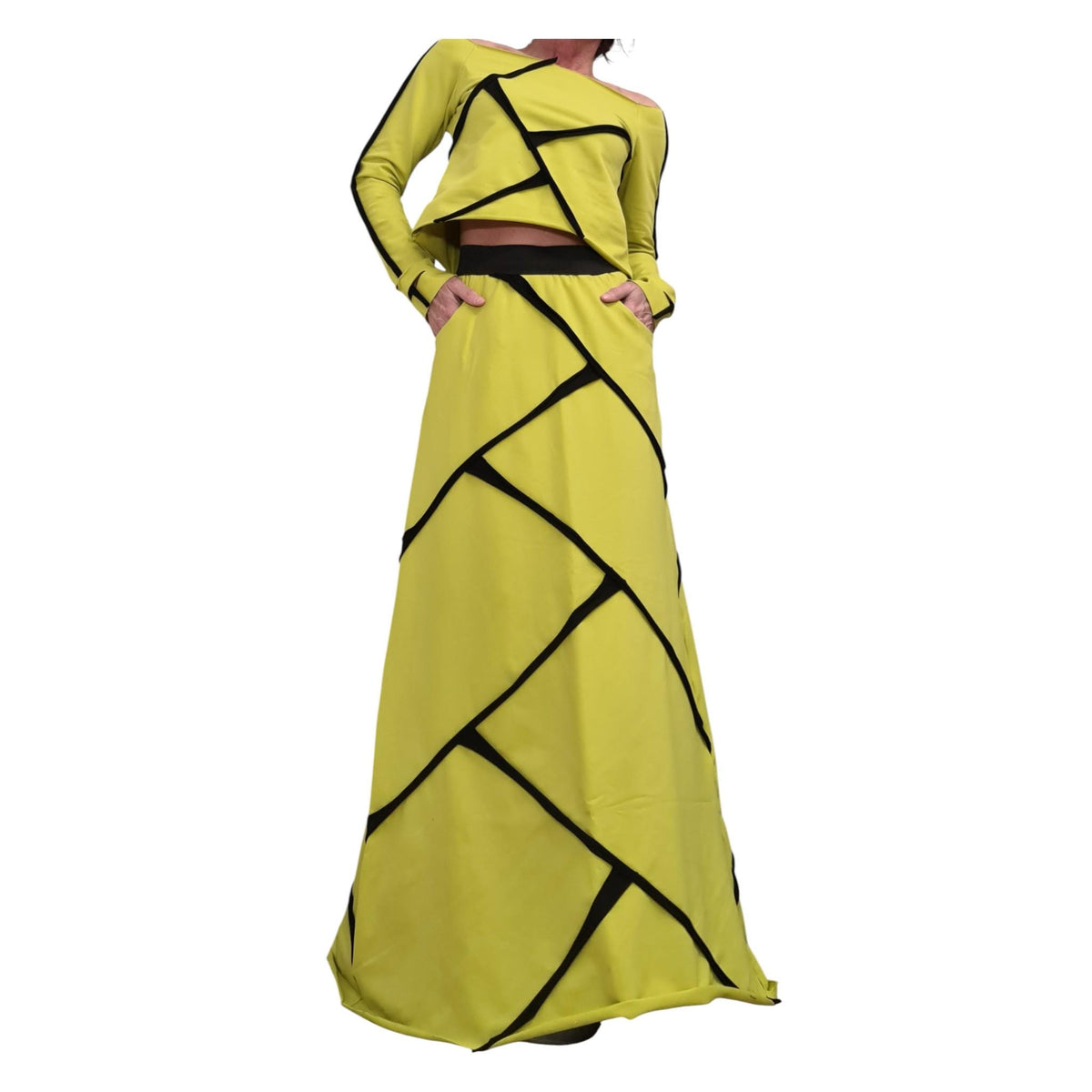 Pistachio Cotton High Waist Maxi Skirt, Asymmetrical Cropped Long-Sleeve Blouse, Contrast Trim, Co-Ord Set