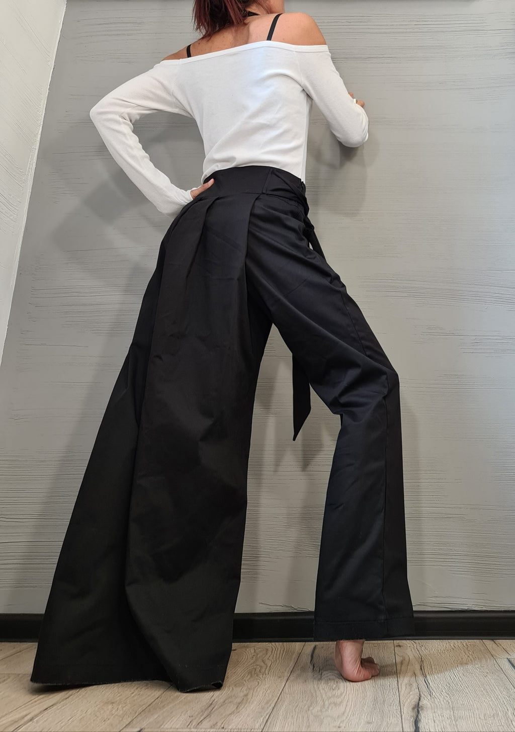 Avant Garde Asymmetric Wide Leg Pants, Black Wrap Front Trousers