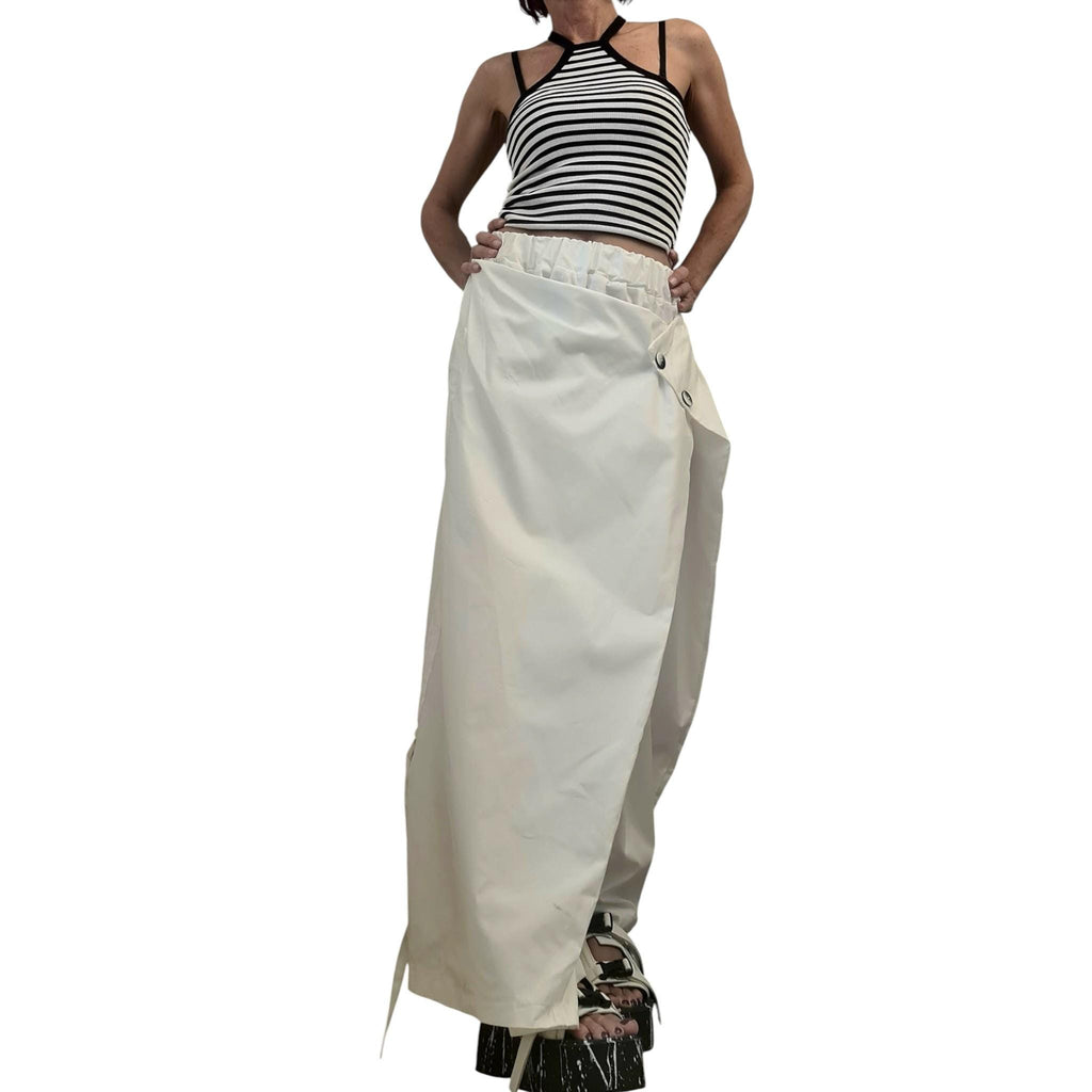 White Asymmetric Harem Pants Skirt, Adjustable Wrap, Drop Crotch Trousers