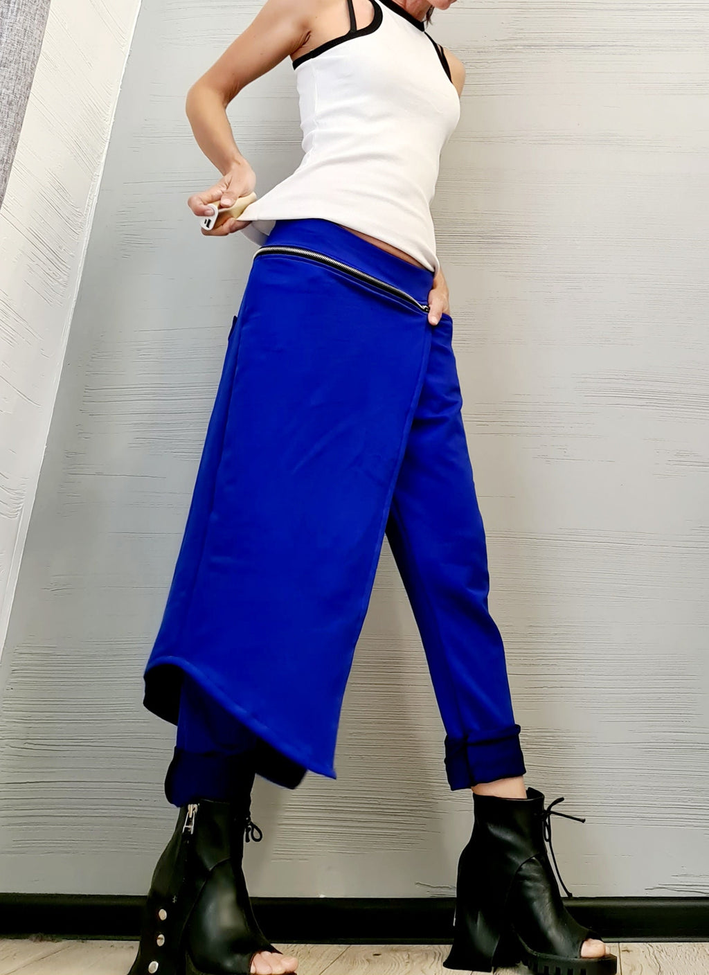 Royal Blue French Terry Pants, Wrap Skirt Overlay, Slim Leg, Asymmetric Trousers