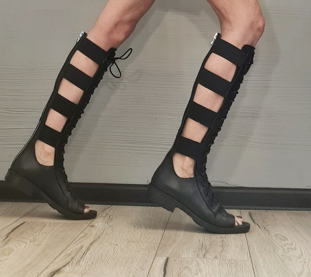 Greek Gladiator Sandals, Knee High Flat Shoes, Open Toe Strappy Boots