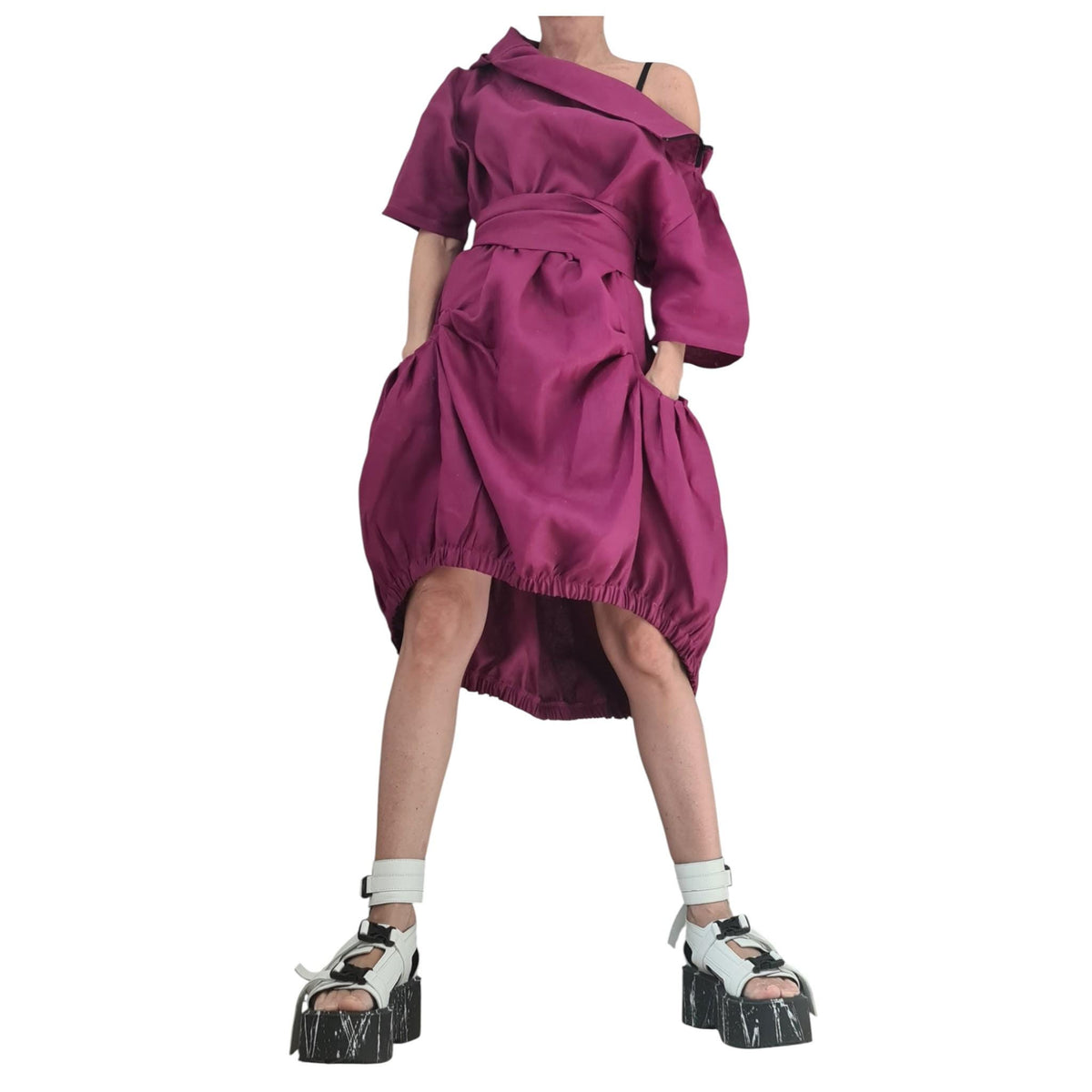 Plum Purple Linen Dress, Hooded Asymmetric Off Shoulder Dress, Oversized Short Sleeve