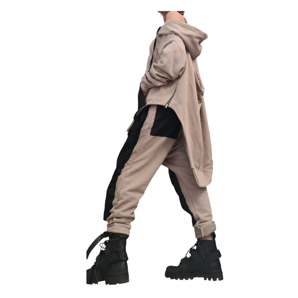 Beige Cotton Co-Ord Set, Harem Pants, Asymmetrical Long Sleeve Sweatshirt