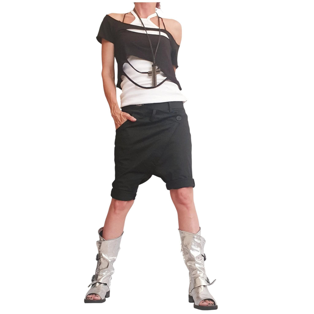 Black Knee Length Pants, Asymmetric Button Closure, Drop Crotch, Cotton Shorts
