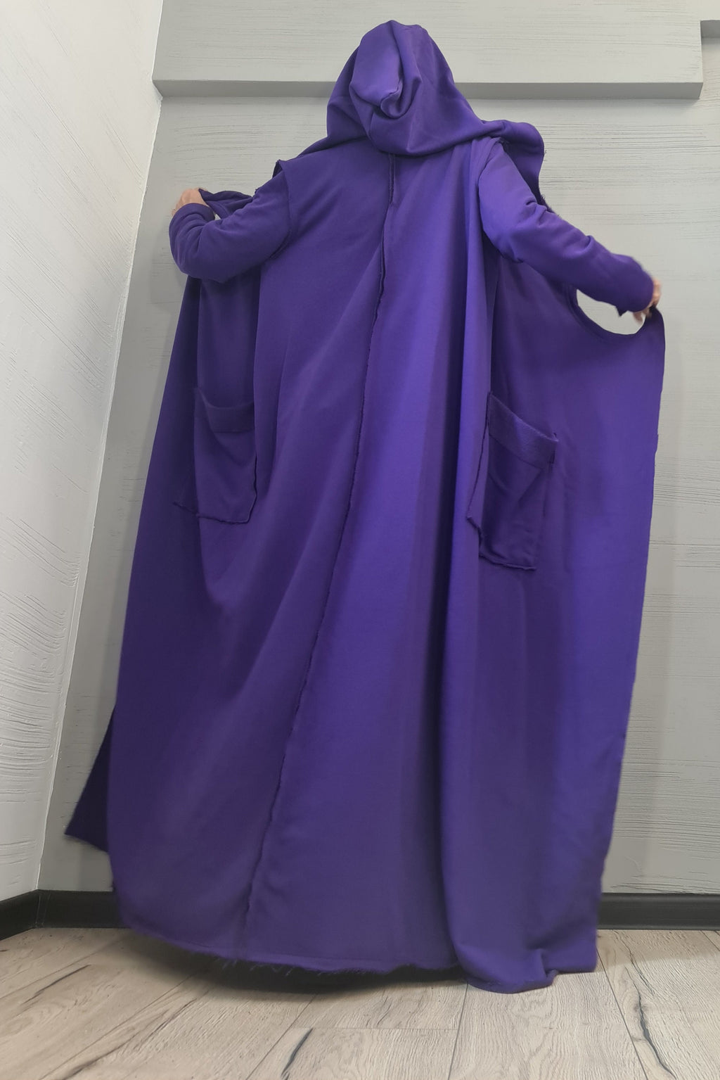 Purple Long Hooded Cardigan, Asymmetric Oversized Cotton Coat, Plus Size, Large Round Pockets