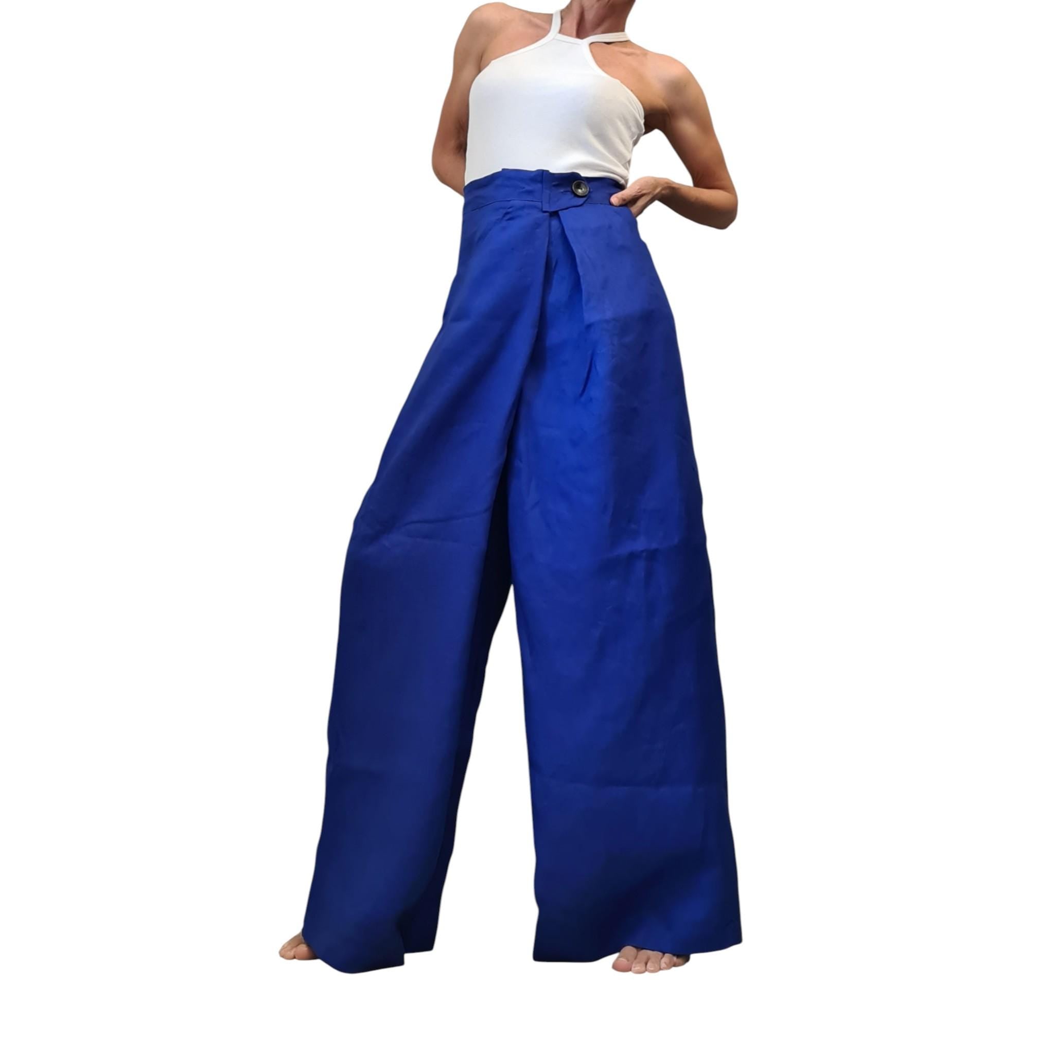 Royal Blue Linen Pants, Drop Crotch Harem Trousers, Wide Leg Avant Garde Clothing