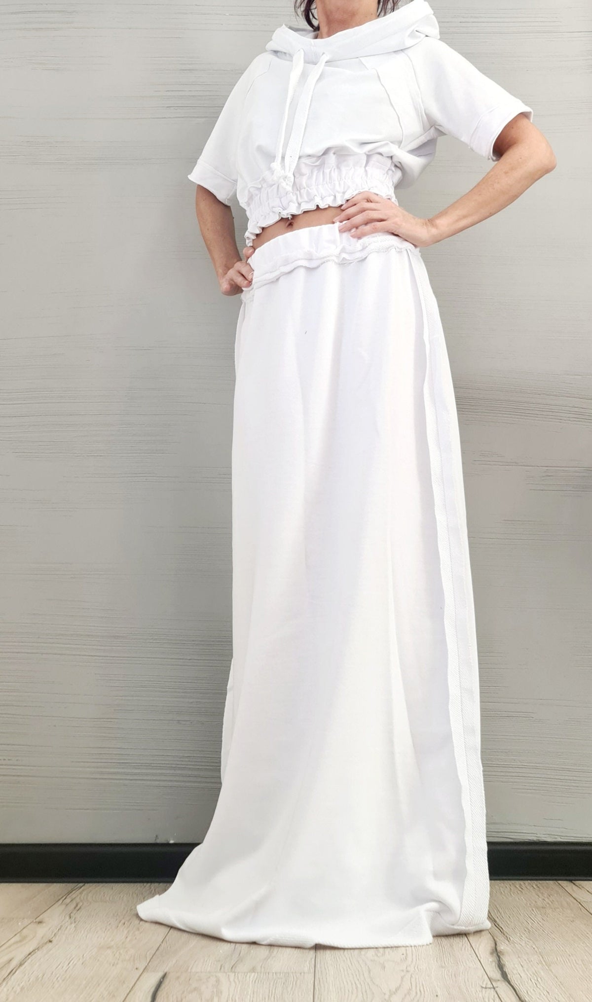 White Cotton Maxi Skirt Hoodie Set, Ruched Trim French Terry Co-Ord