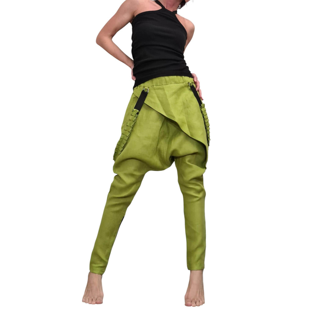 Pistachio Green Linen Pants for Women, Statement Drop Crotch Trousers with Straps, Handmade Clothing