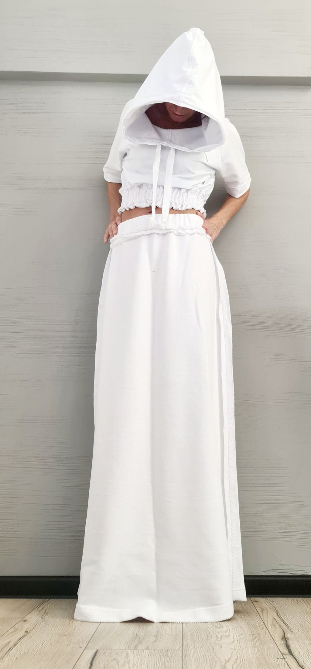 White Cotton Maxi Skirt Hoodie Set, Ruched Trim French Terry Co-Ord