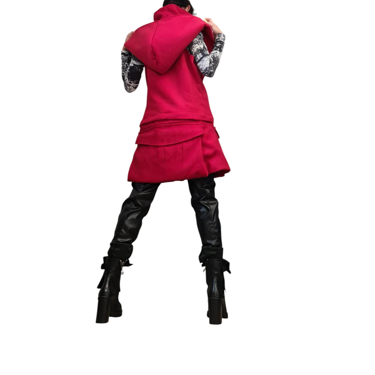 Red Long Hooded Vest, Sleeveless Winter Jacket, Oversized Cargo Pockets