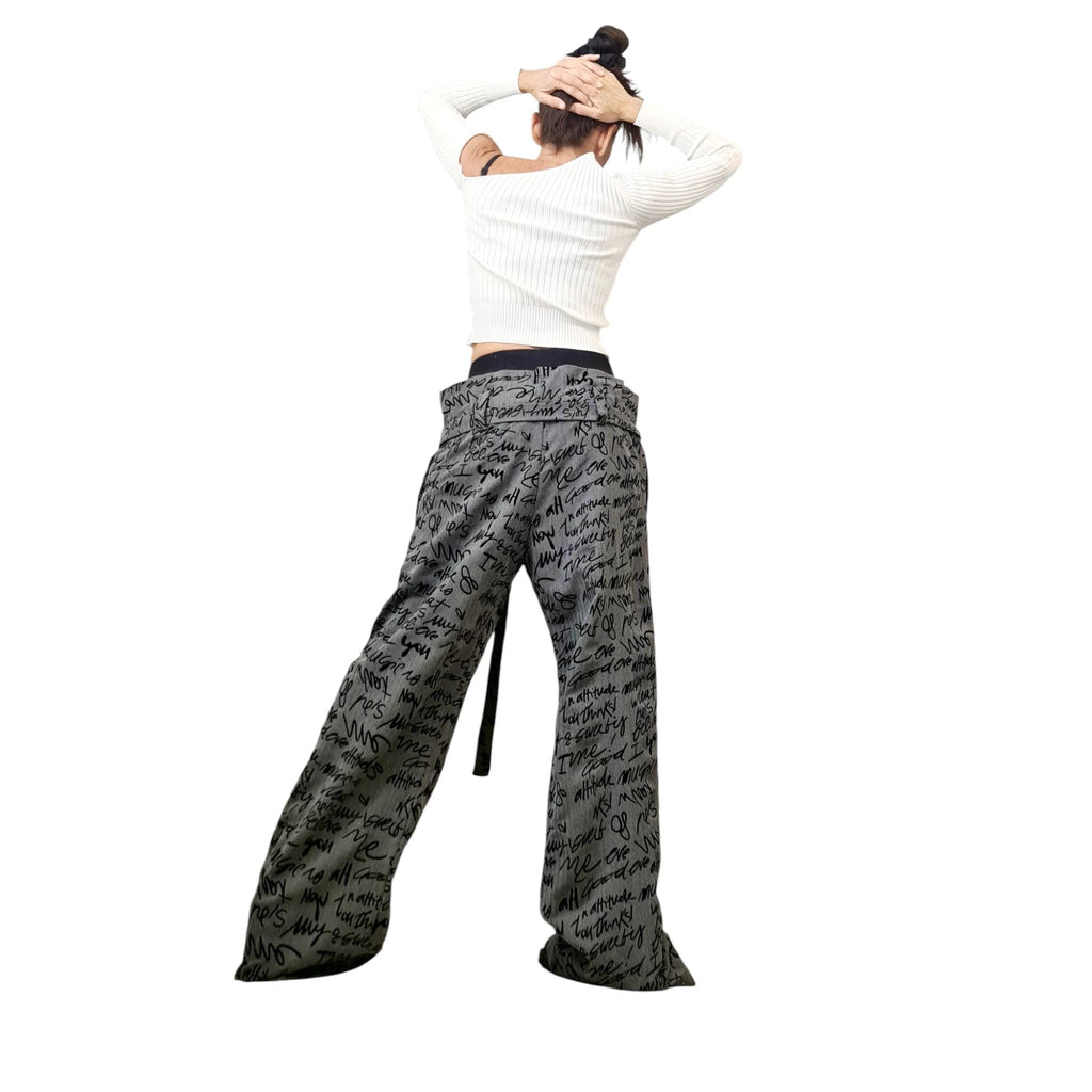 Double Waistband Graffiti Pants, Wide Leg, Drop Crotch Trousers