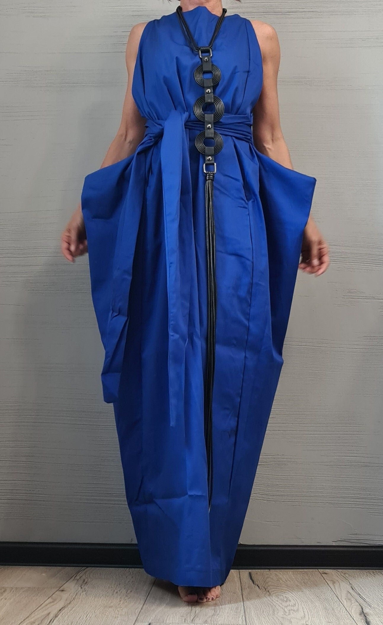 Royal Blue Open Back Maxi Dress, Sleeveless Loose Fit, Wide Silhouette, Adjustable Summer Design