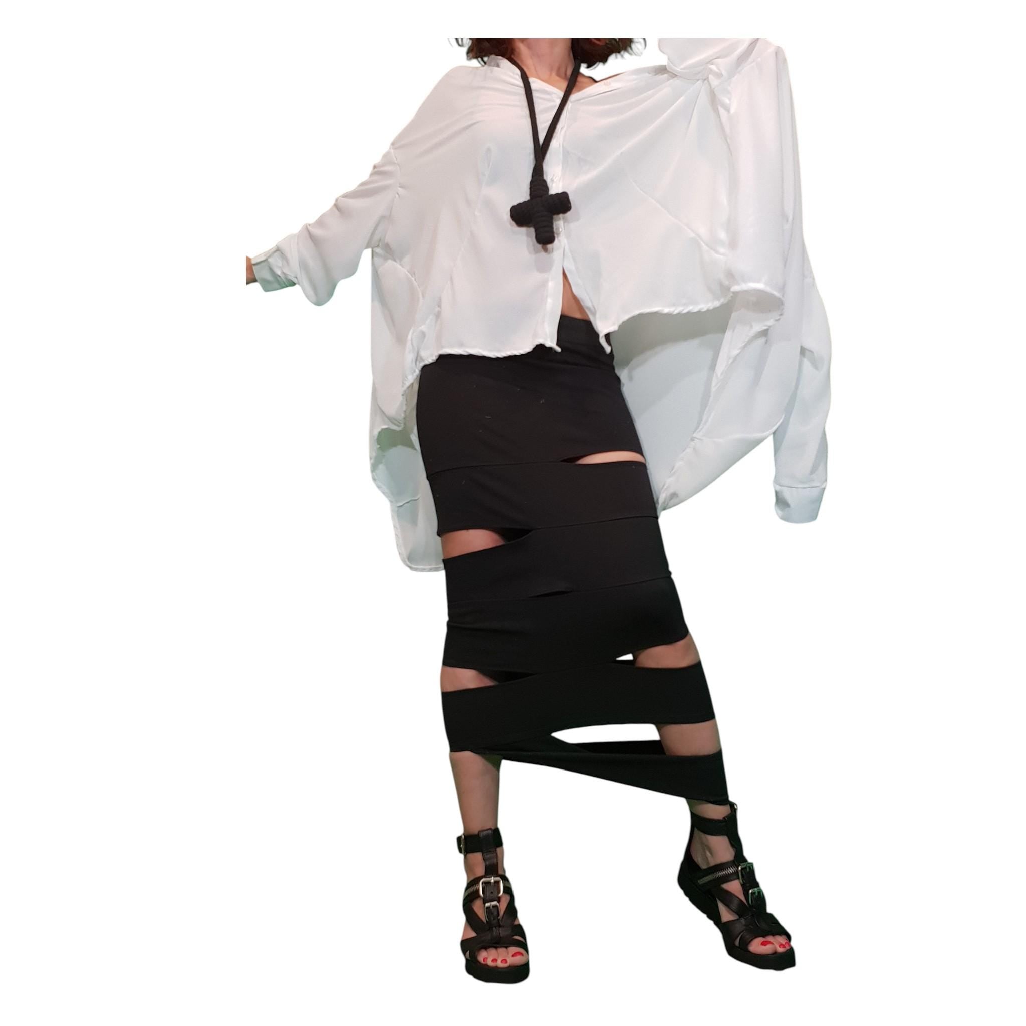 Black Asymmetric Slit Skirt, Gothic Bottom, Cocktail Maxi Skirt, Extravagant Pencil Design