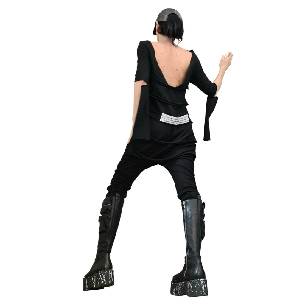 Black Cotton Drop Crotch Jumpsuit, Extravagant Open Back, Slim Fit Gothic Style